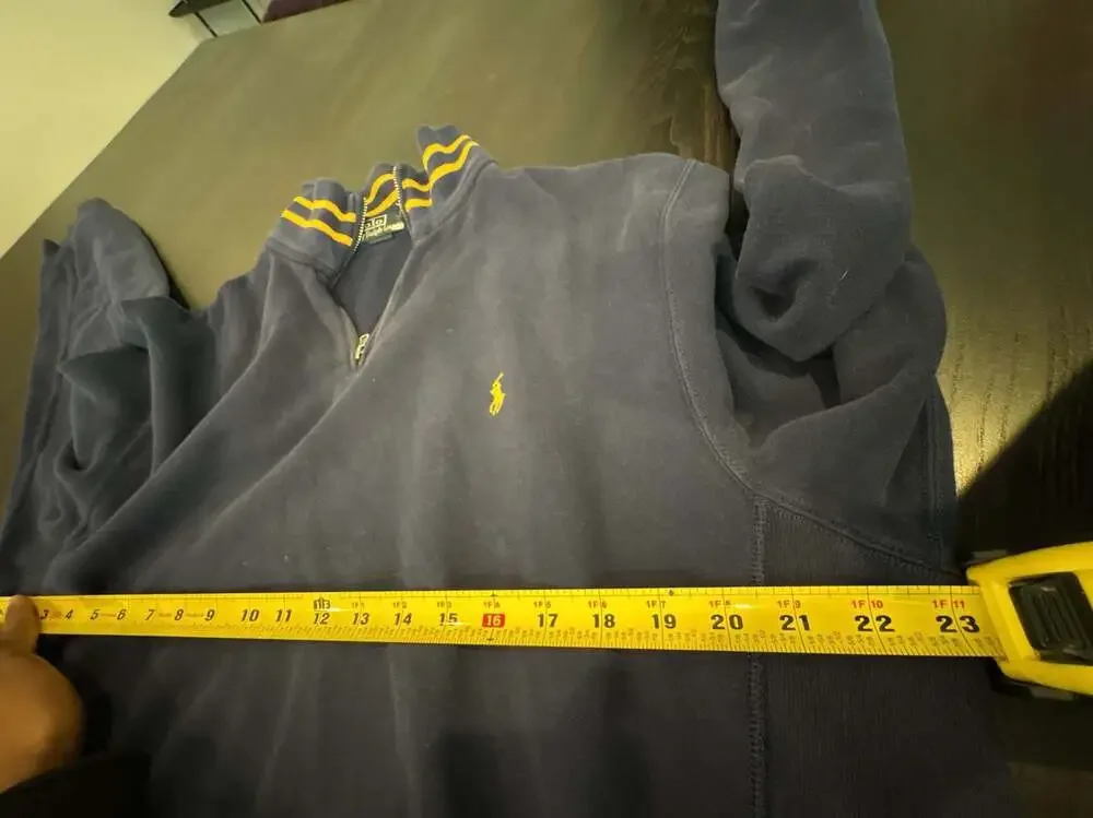Ralph Lauren Vintage Navy Blue Quarter Zip Pullover Sweater Striped yellow Colla